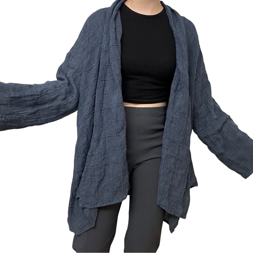 Eskandar Kimono Cardigan Shawl Blue Waterfall Open Front Linen Lagenlook Size 0